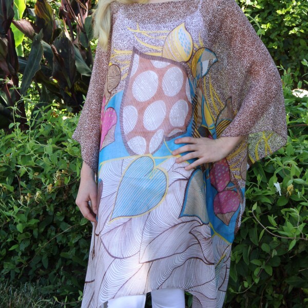 Womens Brown and Turquoise Tropical Print Beach Dress, Bathing Suit Cover Up,  Beach Coverup