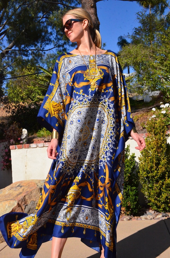 Caftán de seda para mujer Kaftan de seda Vestido de playa de seda Vestidos  largos Túnicas Kaftan azules -  México