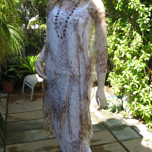 Sheer White and Pastel Print  Silk Caftan, Womens Beach Coverup, Silk Blouse