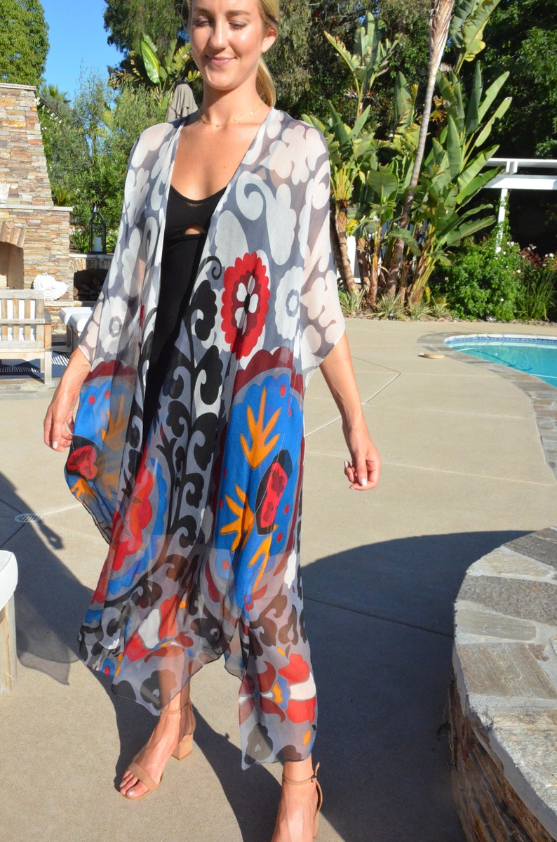 Doorschijnende zijden kimono: abstracte bloemenprint, lichtgewicht stofdoek afbeelding 9