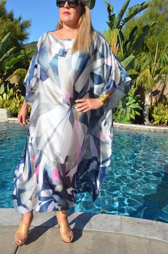 Blue Abstract Silk Coverup Womens Silk 