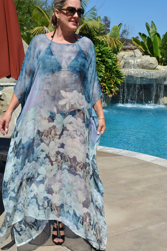 Blue Floral Silk Caftan, Womens Full Length Silk Kaftan, Silk Dress,  Long Silk Caftan, Silk Beach Coverup, Plus Size,