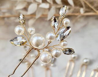 Épingles à cheveux de mariée en strass et or nacré | Épingles à cheveux de demoiselle d'honneur | Coiffe de mariée en perles dorées | Accessoire pour cheveux de mariage | Perles minimalistes