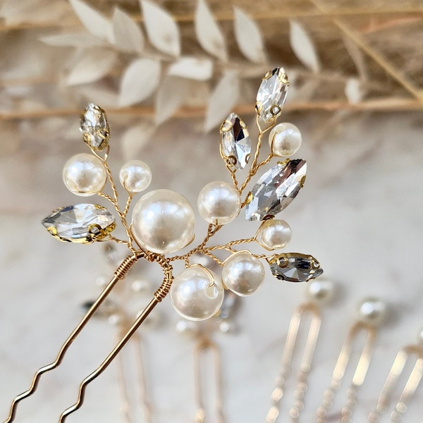 Rhinestone and Pearl Gold Bridal Hair Pins | Bridesmaid Hair Pins | Gold Pearl Bridal Headpiece | Wedding Hair Accessory | Minimalist Pearls