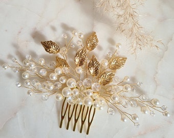 Delicate Gold Leaves and Pearls Bridal Hair Comb |Bridesmaid Hair Comb  |Gold Leaf & Pearl Crystals Bridal Headpiece |Wedding Hair Accessory