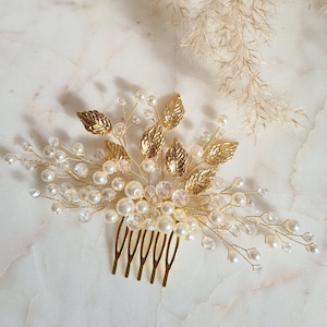 Delicate Gold Leaves and Pearls Bridal Hair Comb |Bridesmaid Hair Comb  |Gold Leaf & Pearl Crystals Bridal Headpiece |Wedding Hair Accessory