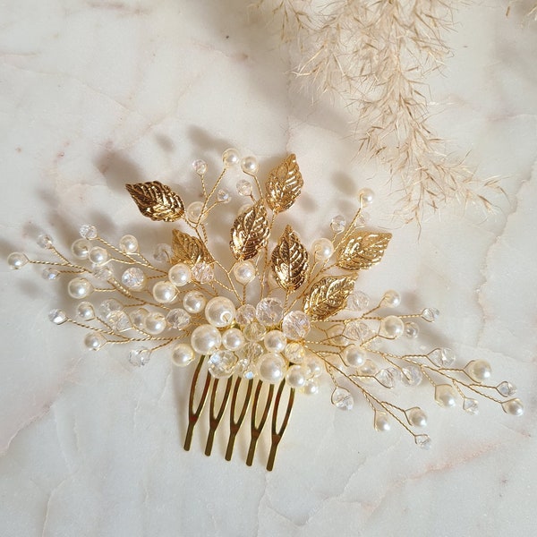 Peigne de mariée délicat en feuilles et perles | Peigne de demoiselle d'honneur | Coiffe de mariée en feuilles d'or et cristaux de perles | Accessoire de cheveux de mariage