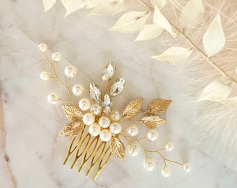 Delicate Pearl, Rhinestone and Gold Leaves Bridal Hair Comb | Bridesmaid Hair Pins | Gold Leaf Bridal Headpiece | Wedding Hair Accessory |