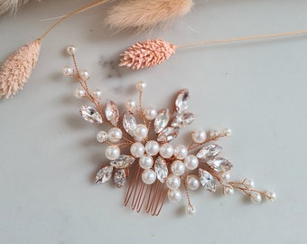 Rose Gold Delicate Pearl and Rhinestone Bridal Hair Comb | Bridesmaid Hair Comb | Gold Leaf Bridal Headpiece | Wedding Hair Accessory