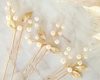 Épingles à cheveux de mariée en perles délicates et feuilles d'or | Épingles à cheveux de demoiselle d'honneur | Coiffe de mariée feuille d'or | Accessoire pour cheveux de mariage | Perles minimalistes