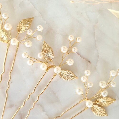 Gold Wired Pearl Branch Bridal or Bridesmaid Hair Pins Sets Etsy