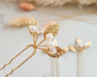 Gold Crystal Pearls Leaf Bridal Hair Pins | Bridesmaid Hair Pins | Leaves Bridal Headpiece | Wedding Hair Accessory | Minimalist | Prom