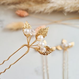Gold Crystal Pearls Leaf Bridal Hair Pins | Bridesmaid Hair Pins | Leaves Bridal Headpiece | Wedding Hair Accessory | Minimalist | Prom