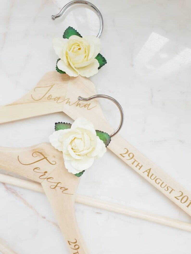 Ivory/Cream Rose Personalised wedding hangers, Bridal party gift, Maid of Honour dress hanger,Bridesmaid wedding hangers, Wedding day hanger image 4