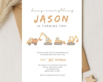 May include: A birthday party invitation with a construction theme. The text reads "dump everything JASON is turning two." Includes illustrations of construction vehicles. The invitation is on a white background with a brown envelope.