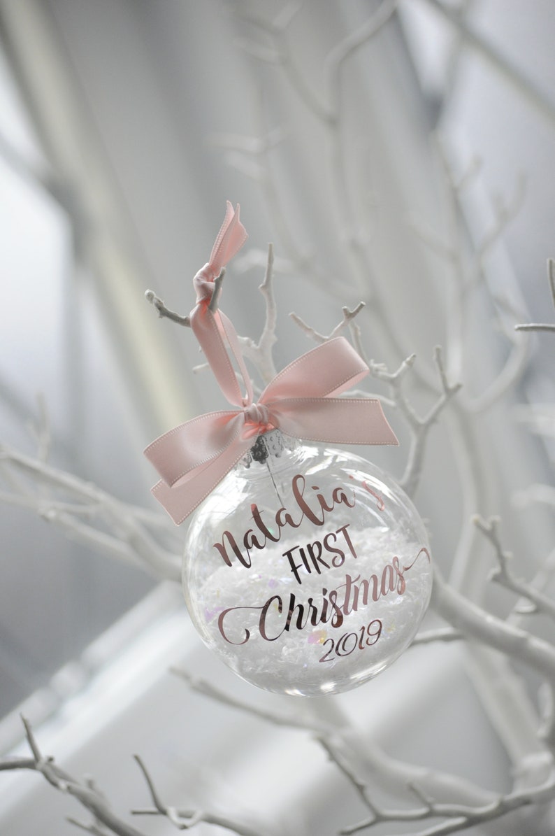 Snow Filled Personalised First Christmas Bauble Rose Gold, First Christmas, Baby Christmas Gift, New Baby Bauble, Christmas 2023 image 2