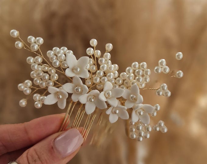 Featured listing image: Handmade Bridal Hair Comb | Gold Floral Hairpiece with Ceramic Flowers & Pearls | Elegant Wedding Accessory for Brides, Bridesmaids