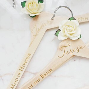 Ivory/Cream Rose Personalised wedding hangers, Bridal party gift, Maid of Honour dress hanger,Bridesmaid wedding hangers, Wedding day hanger image 2