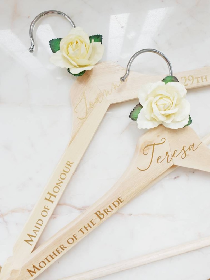 Ivory/Cream Rose Personalised wedding hangers, Bridal party gift, Maid of Honour dress hanger,Bridesmaid wedding hangers, Wedding day hanger image 2
