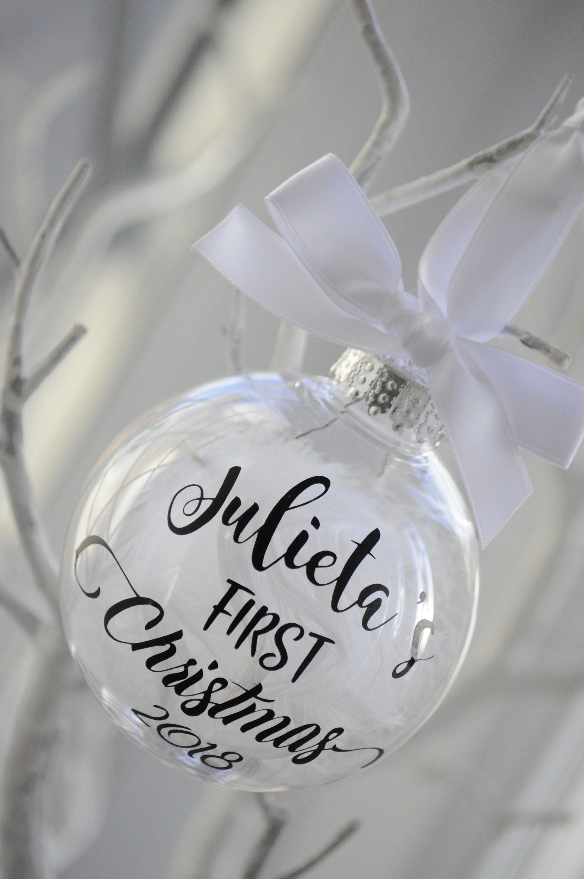 Feather Filled Personalised Baby's First Christmas Bauble Black, First