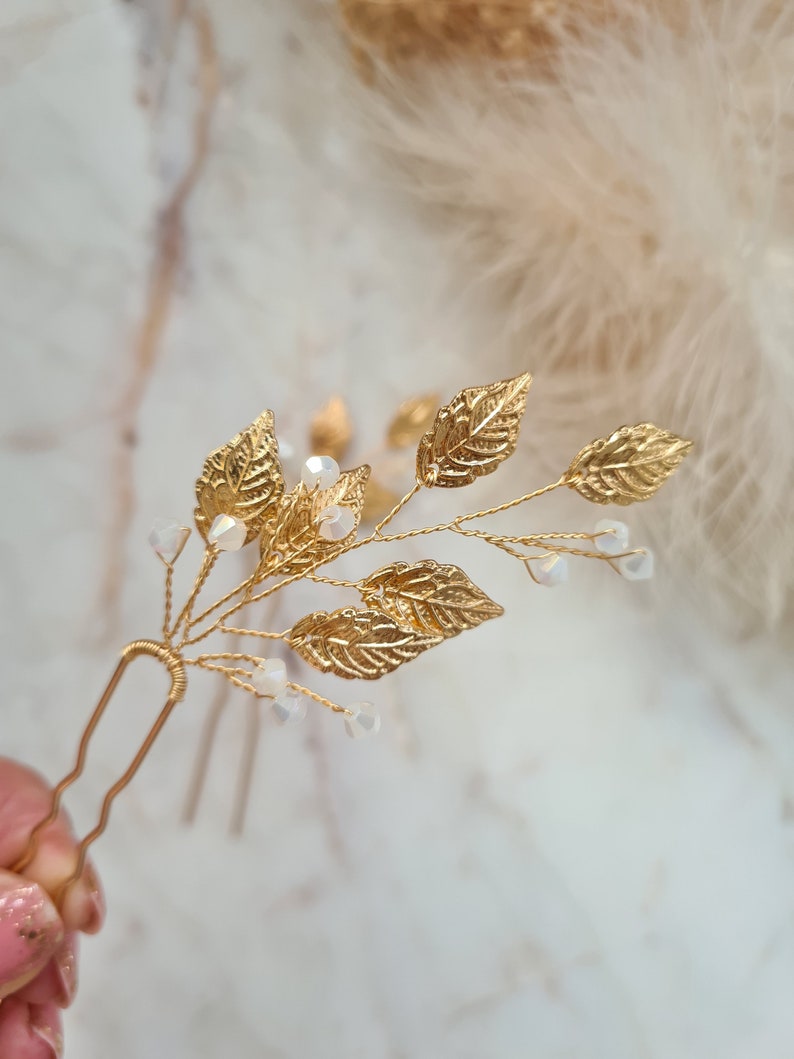 Vintage and Delicate Leaves & Crystals Bridal Hair Pins Bridesmaid Hair Pins Gold Leaf Bridal Headpiece Wedding Hair Accessory image 9