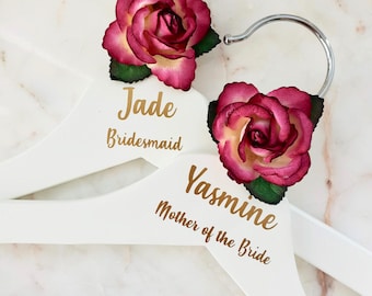 New! Fuchsia Rose Personalised wedding hangers,Bridal party gift, Maid of Honour dress hanger, Bridesmaid wedding hangers,Wedding day hanger