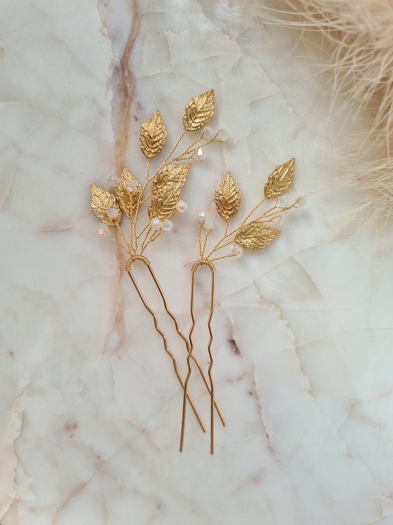 Vintage and Delicate Leaves & Crystals Bridal Hair Pins Bridesmaid Hair Pins Gold Leaf Bridal Headpiece Wedding Hair Accessory image 1