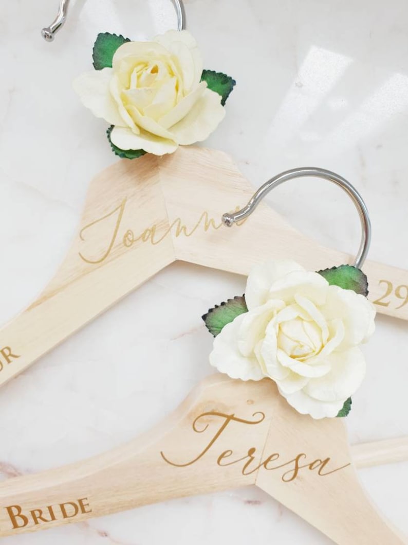 Ivory/Cream Rose Personalised wedding hangers, Bridal party gift, Maid of Honour dress hanger,Bridesmaid wedding hangers, Wedding day hanger image 1