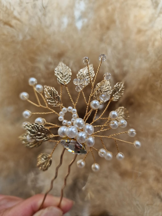 Gold Leaf Bridal Hair Pins Wedding Headpiece Jewelry Pearl Rhinestone Accessorie Amazon.com : 5 Pieces Bridal Hair Pins: Gold Leaf Rhinestone  main image 4