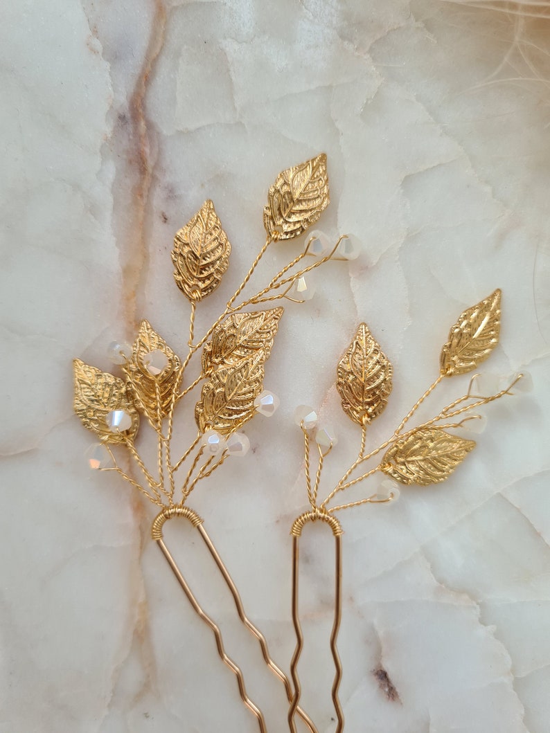 Vintage and Delicate Leaves & Crystals Bridal Hair Pins Bridesmaid Hair Pins Gold Leaf Bridal Headpiece Wedding Hair Accessory image 5