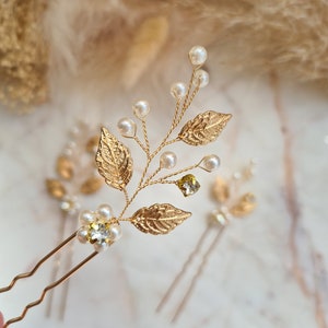 Delicate Pearls, Leaves and Rhinestone Bridal Hair Pins | Bridesmaid Hair Pins | Gold Leaf Bridal Headpiece | Wedding Hair Accessory |