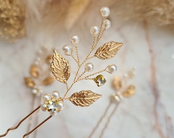 Delicate Pearls, Leaves and Rhinestone Bridal Hair Pins | Bridesmaid Hair Pins | Gold Leaf Bridal Headpiece | Wedding Hair Accessory |