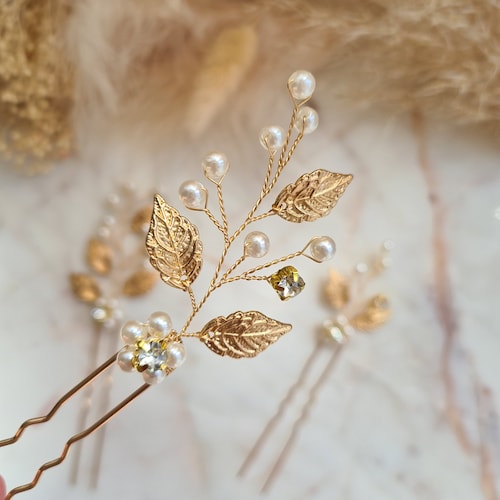 Delicate Pearl Gold Leaves Bridal Hair Pins Bridesmaid Hair Etsy UK