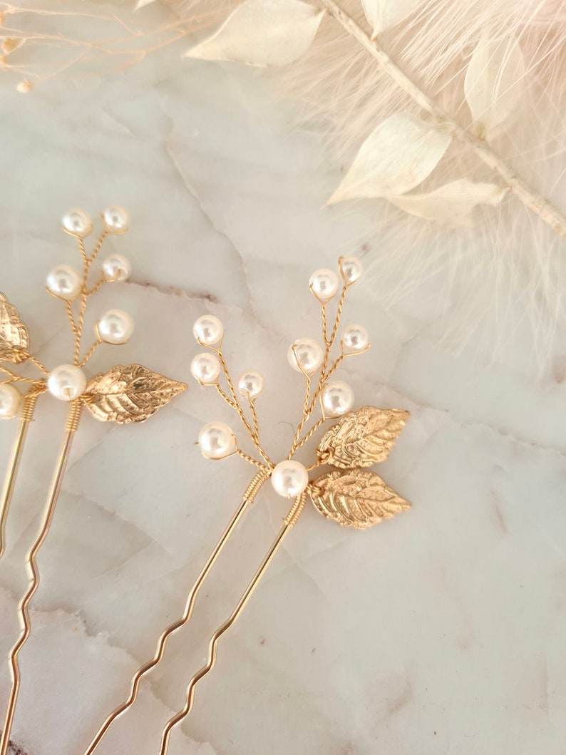 Delicate Pearl Gold Leaves Bridal Hair Pins Bridesmaid Hair Etsy UK