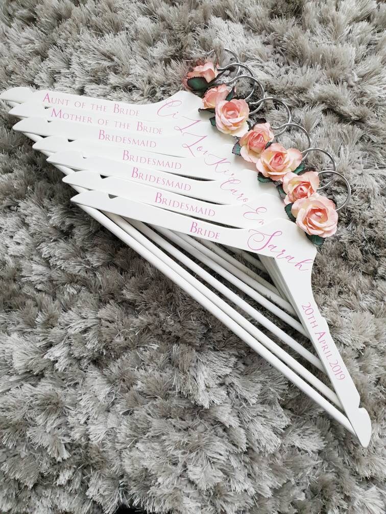 Pink Rose Personalised wedding hangers, Bridal party gift, Maid of