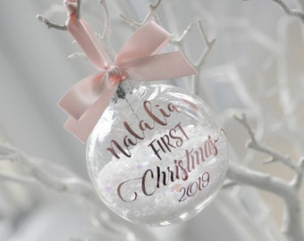 Snow Filled Personalised First Christmas Bauble Rose Gold, Gold, Pink, First Christmas, Baby Christmas Gift, New Baby Bauble, Christmas 2025