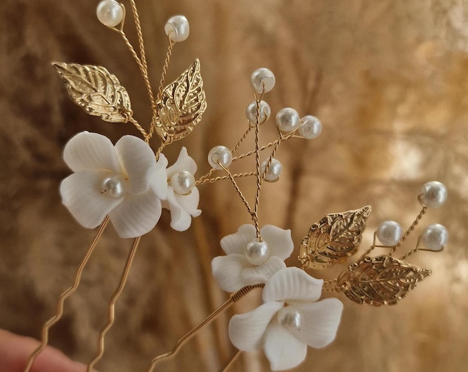 Featured listing image: Elegant Bridal Hair Pins | Wedding Hair Accessories | Gold Hair Pins with Pearls & Ceramic Flowers | Unique Handcrafted Bridal Accessories