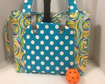 Pickleball bag, Women’s pickleball tote, blue and white polka dot sports tote,Pickleballbags.Etsy.com