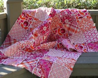 READY to SHIP Crib Quilt, Rag Quilt, for Baby or Toddler, Joel Dewberry Notting Hill in Magenta, pink, orange, All Natural, Handmade