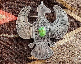 Large Sterling Silver Handmade Navajo Thunderbird Brooch Pendant