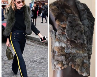 Vintage 80's Spotted Pathwork Rabbit Fur Vest / Fur Gilet