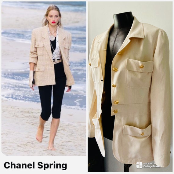 Chanel Off White Bouclé Crystal Button Jacket Size 40