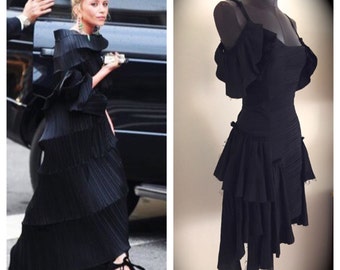 Cocktail Black Haute Couture Dress / Pleated Evening Look.