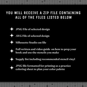 May include: A black digital information card with white text that reads: YOU WILL RECEIVE A ZIP FILE CONTAINING ALL OF THE FILES LISTED BELOW, followed by a list of file types including PNG, SVG, Silhouette Studio, and guides.