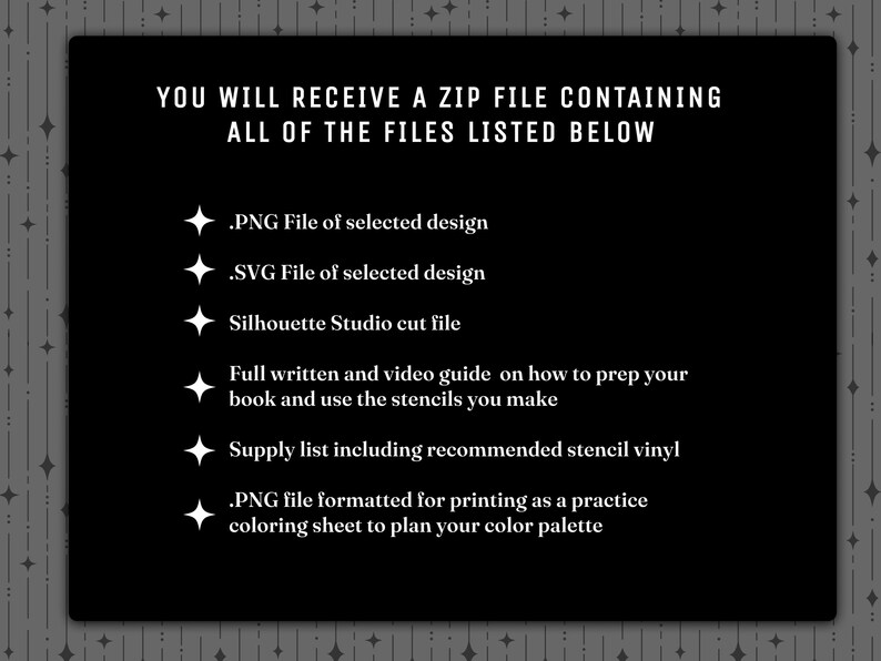 May include: A black digital information card with white text that reads: YOU WILL RECEIVE A ZIP FILE CONTAINING ALL OF THE FILES LISTED BELOW, followed by a list of file types including PNG, SVG, Silhouette Studio, and guides.