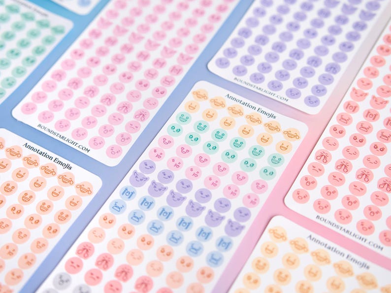 May include: Multiple rectangular sticker sheets labeled Annotation Emojis, featuring rows of small circular icons with various facial expressions in pastel colors including pink, orange, green, purple, and blue, with the text BOUNDSTARLIGHT.COM.