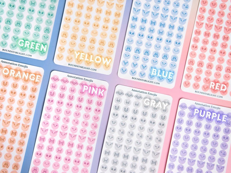May include: Eight rectangular sticker sheets labeled Annotation Emojis, each featuring rows of small circular icons in green, yellow, blue, red, orange, pink, gray, and purple. Each sheet displays various facial expressions and symbols.
