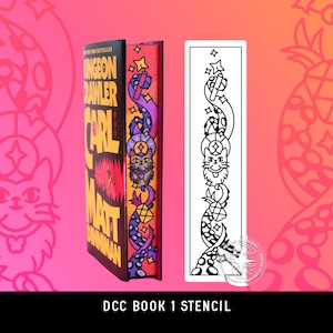 May include: A hardcover book titled Dungeon Crawler Carl by Matt Dinniman with a colorful illustrated spine featuring a cat and tentacles, displayed next to a matching black and white stencil design on a white rectangular background.