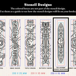 May include: A set of six rectangular stencil designs featuring black line art on a light background. Patterns include celestial motifs, a snake dagger, triple dragons, a butterfly sword, belladonna, and a candy cane. Dimensions are 200x25mm, 220x35mm, and 230x52mm.