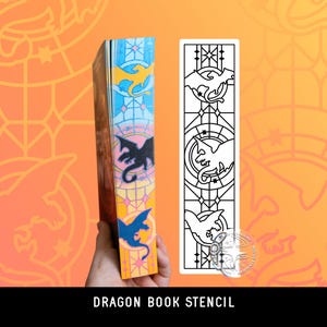 May include: A rectangular book stencil featuring a vertical black and white line art design of three stacked dragon silhouettes within circular frames and geometric patterns, displayed next to a book spine with a matching colorful dragon print.